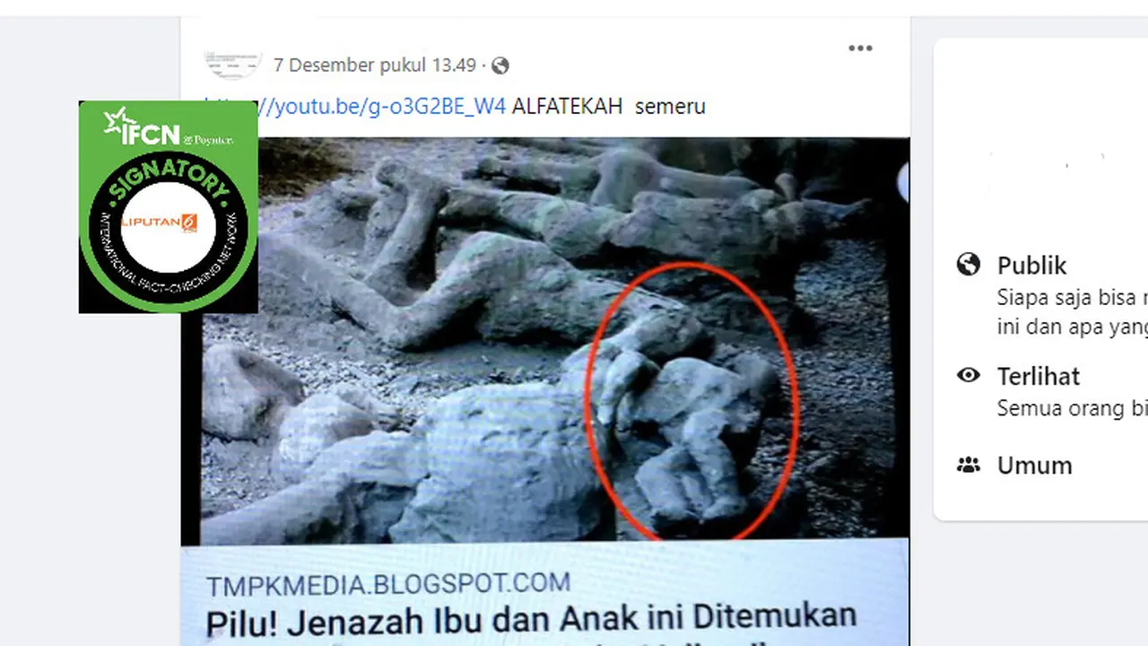 Cek Fakta Liputan6.com menelusuri klaim foto ibu dan anak ditemukan tertimbun abu vulkanik Gunung Semeru