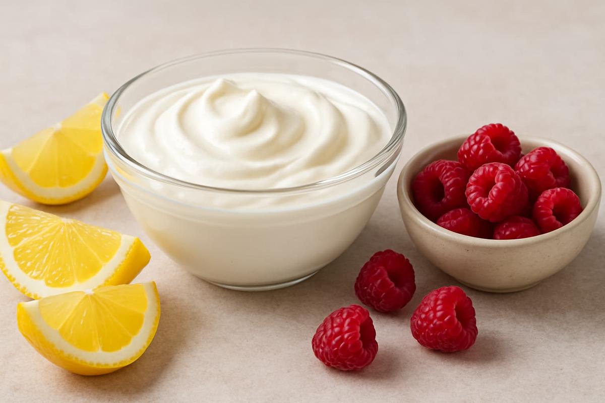 Ilustrasi Greek Yogurt, Lemon, dan Rasberi