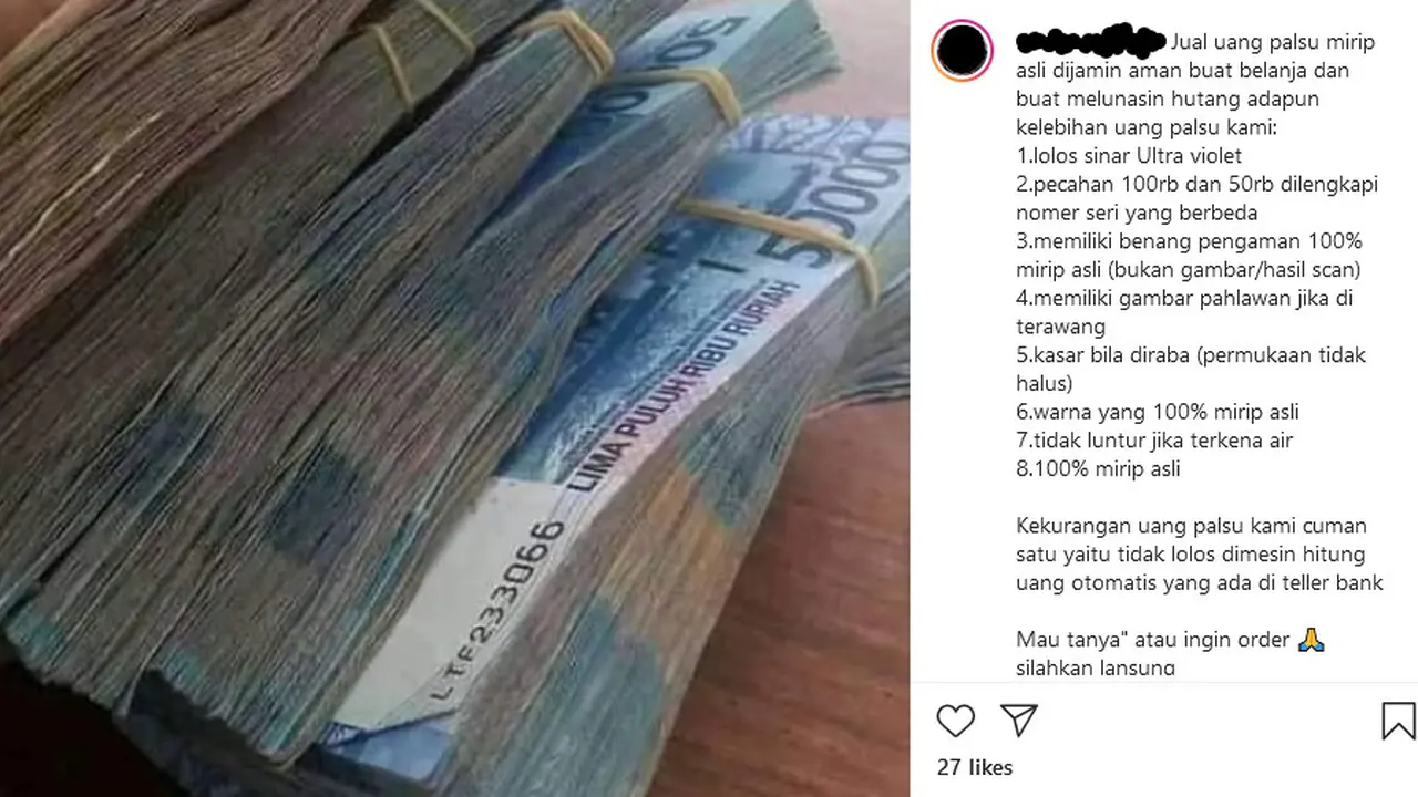 Tangkapan layar penjualan uang palsu di media sosial.