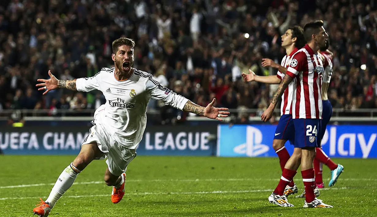 Bek Real Madrid, Sergio Ramos, merayakan gol penyeimbnag yang dicetaknya ke gawang Atletico Madrid pada laga final Liga Champions di Stadion Luz, Portugal, Sabtu (24/5/2014). (EPA/Jose Sena Goulao)