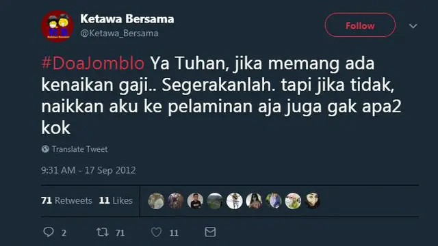Alih-alih serius, cuitan 'doa jomblo' berikut ini malah bikin ngakak karena kocak.