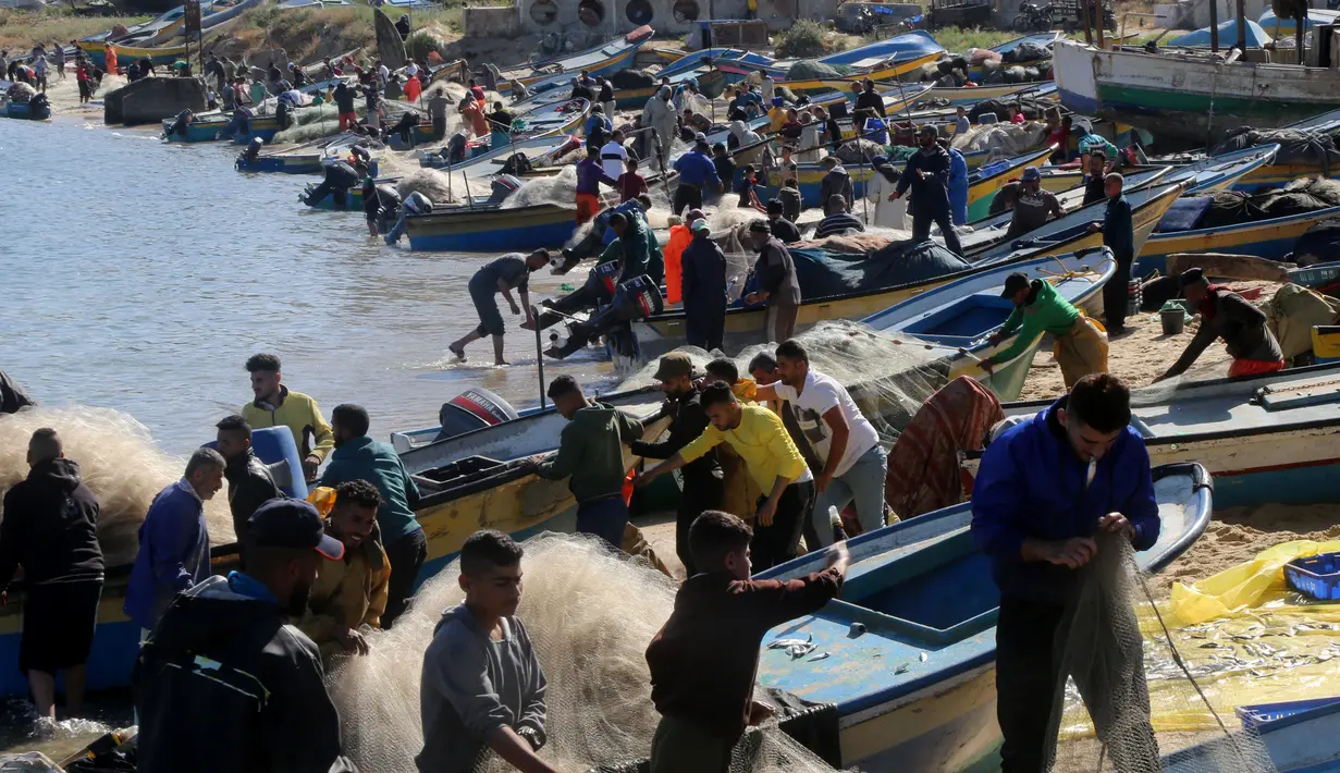 Sejumlah nelayan Palestina bekerja di pelabuhan di Gaza City (26/5/2020). Menurut data statistik resmi Palestina, ada sekitar 3.800 nelayan yang bekerja menggunakan 700 lebih perahu, sementara ada sekitar 70.000 orang yang mencari nafkah dengan menangkap atau menjual ikan. (Xinhua/Rizek Abdeljawad)