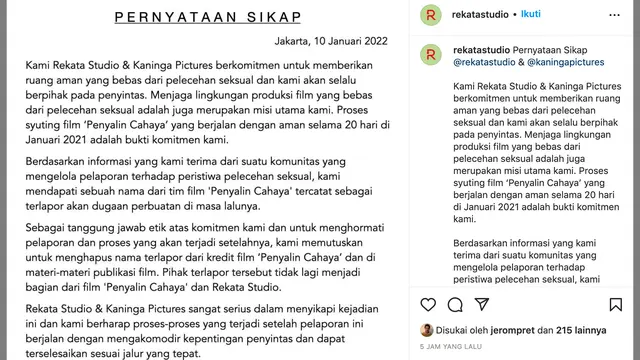 Pernyataan sikap Rekata Studio soal dugaan pelecehan seksual salah satu kru. (Foto: Dok. Instagram @rekatastudio)