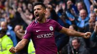 Ekspresi pemain Manchester City, Sergio Aguero usai membobol gawang Watford pada lanjutan Premier League di Vicarage Road, Watford, (16/9/2017). Manchester City menang 6-0. (AFP/Ben Stansall)