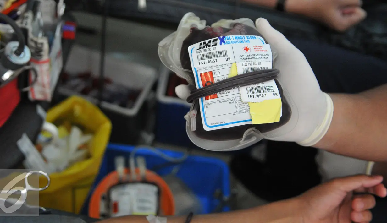 Seorang Petugas memperlihatkan kantung darah di ruang rapat BPPK Kemenlu, Jakarta, Jumat (24/7/15). Aksi donor darah tersebut menyambut hari kemerdekaan Indonesia pada tanggal 17 Agustus nanti. (Liputan6.com/Herman Zakharia)
