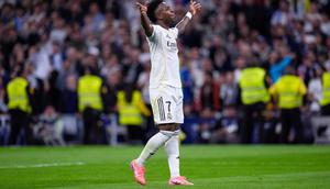 Ekspresi winger Real Madrid, Vinicius Junior usai membobol gawang Atletico Madrid, Senin (23/3/2026) (AP Photo/Manu Fernandez)