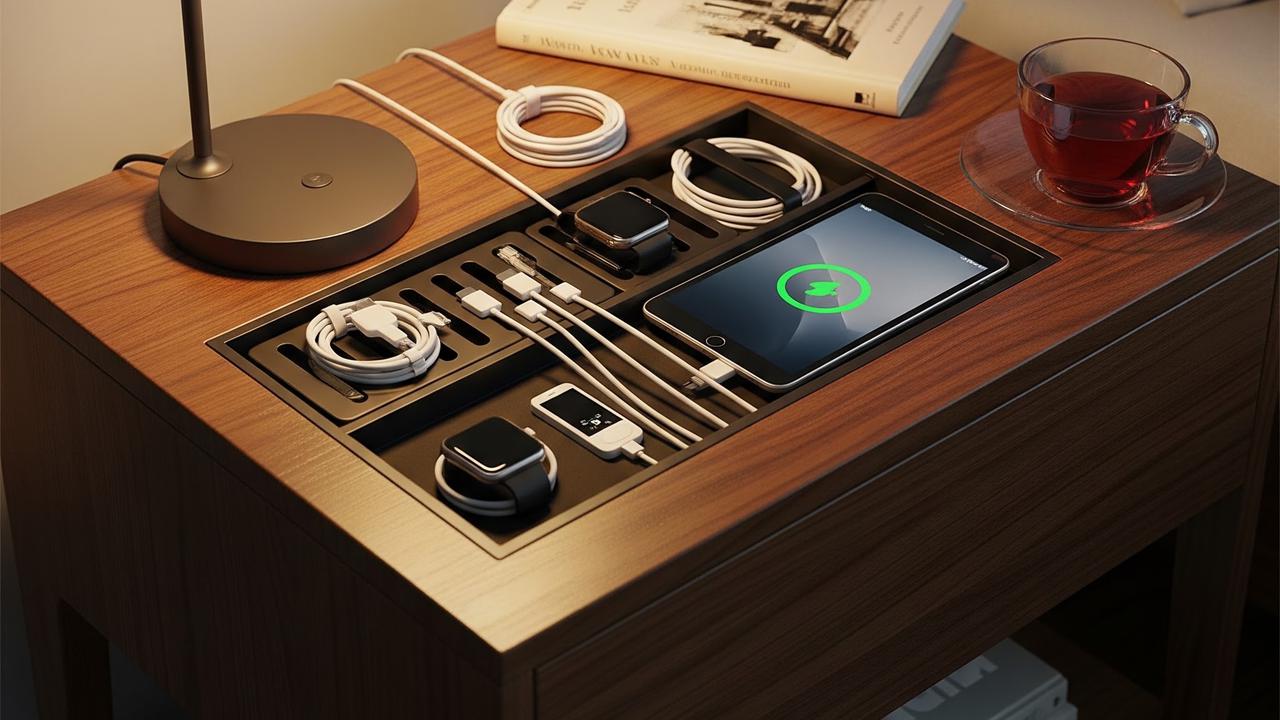 Menata Kabel Charger agar Meja Samping Tempat Tidur Rapi (AI Generated)