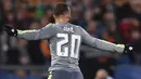 Penyerang Real Madrid, Jese, merayakan gol yang dicetaknya ke gawang Roma. Sementara gol kedua Los Blancos dicetak oleh Jese pada menit ke-86 melalui operan dari Luca Modric. (AFP/Alberto Pizzoli)