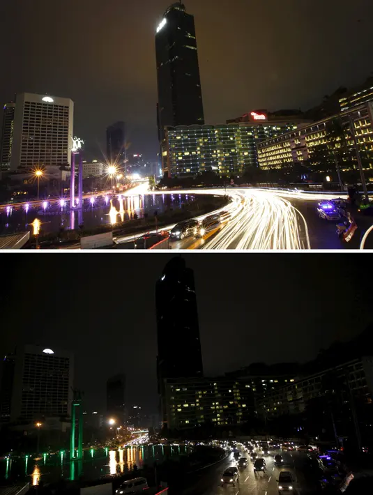 Foto kombinasi yang menunjukkan suasana di kawasan Bundaran HI sebelum dan saat memperingati Earth Hour di Jakarta, Indonesia (19/3/2016). Reuters/Garry Lotulung)