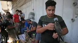 Seorang pria Irak memegang elang di pasar hewan peliharaan al-Ghazal di ibukota Irak, Baghdad (11/10/2019). Pasar hewan peliharaan yang berada di kota Baghdad ini telah ada sejak tahun 1950-an. (AFP Photo/Ahmad Al-Rubaye)