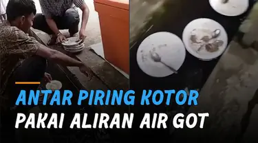 Aksi nyeleneh dipertontonkan pemuda yang bertugas membereskan piring kotor hajatan.