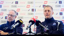 Pelatih tim nasional Islandia, Lars Lagerback (kiri) dan Heimir Hallgrimsson (kanan). (AFP/Laurie Dieffembacq).