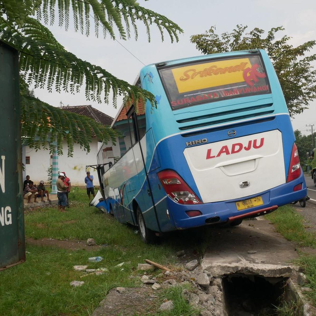 Bus Oleng Hantam Pohon dan Tersungkur di Halaman Rumah Warga