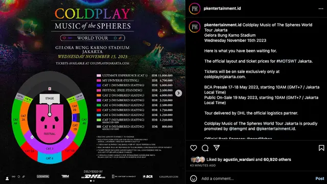 Berikut Layout Panggung dan Kursi Penonton Serta Daftar Harga Tiket Konser Coldplay di Jakarta di Stadion Utama Gelora Bung Karno (GBK), Senayan pada 15 November 2023 (TEM Present)