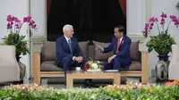 Wakil Presiden Amerika Serikat Mike Pence melakukan pertemuan dengan Presiden Jokowi. Keduanya minum teh di beranda belakang Istana Merdeka. (AP Photo/Dita Alangkara, Pool)