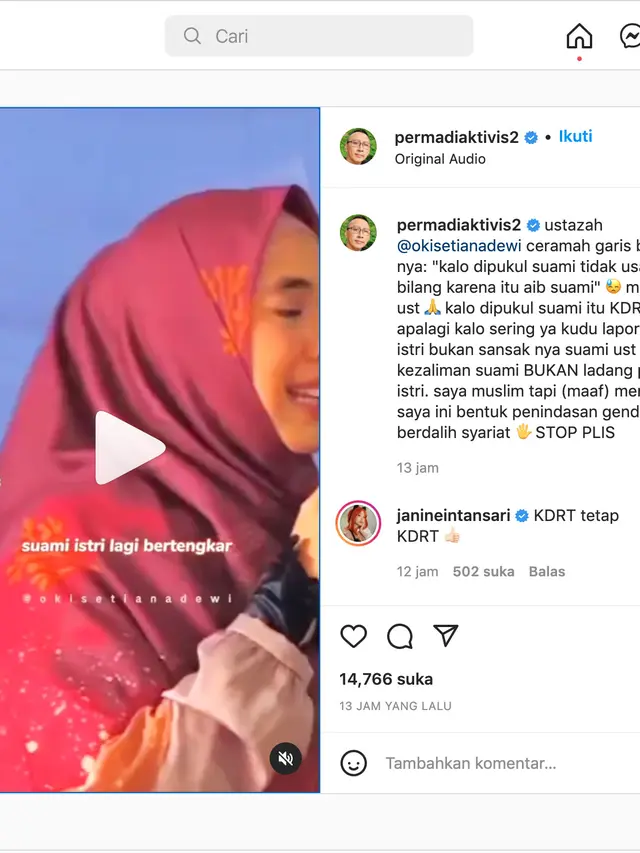 Unggahan soal video ceramah Oki Setiana Dewi. (Foto: Instagram @permadiaktivis2)