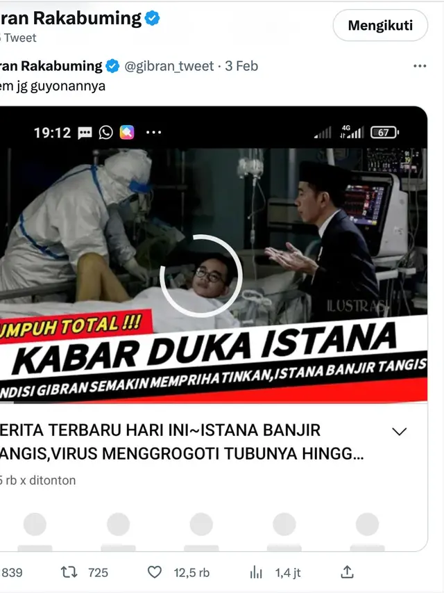 Gibran Rakabuming klarifikasi hoaks lumpuh total akibat virus. (Foto: Dok. Twitter @gibran_tweet)