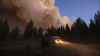 Gumpalan asap membubung di atas jalan raya saat kebakaran di Hutan Nasional Plumas, California (8/7/2021). Kebakaran kali ini merusak 91 bangunan. (AP Photo/Noah Berger)