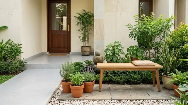 Taman Teras dengan Tanaman Aromatik dan Bangku Compact