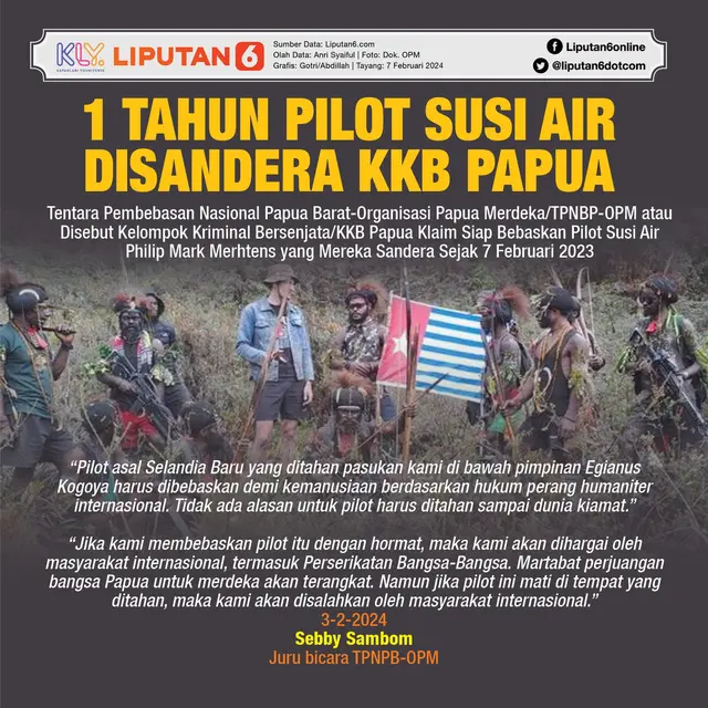 Infografis 1 Tahun Pilot Susi Air Disandera KKB Papua. (Liputan6.com/Gotri/Abdillah)