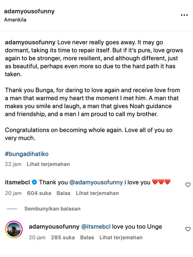 Surat terbuka Adam Sinclair untuk BCL. (Foto: Dok. Instagram @adamyousofunny)