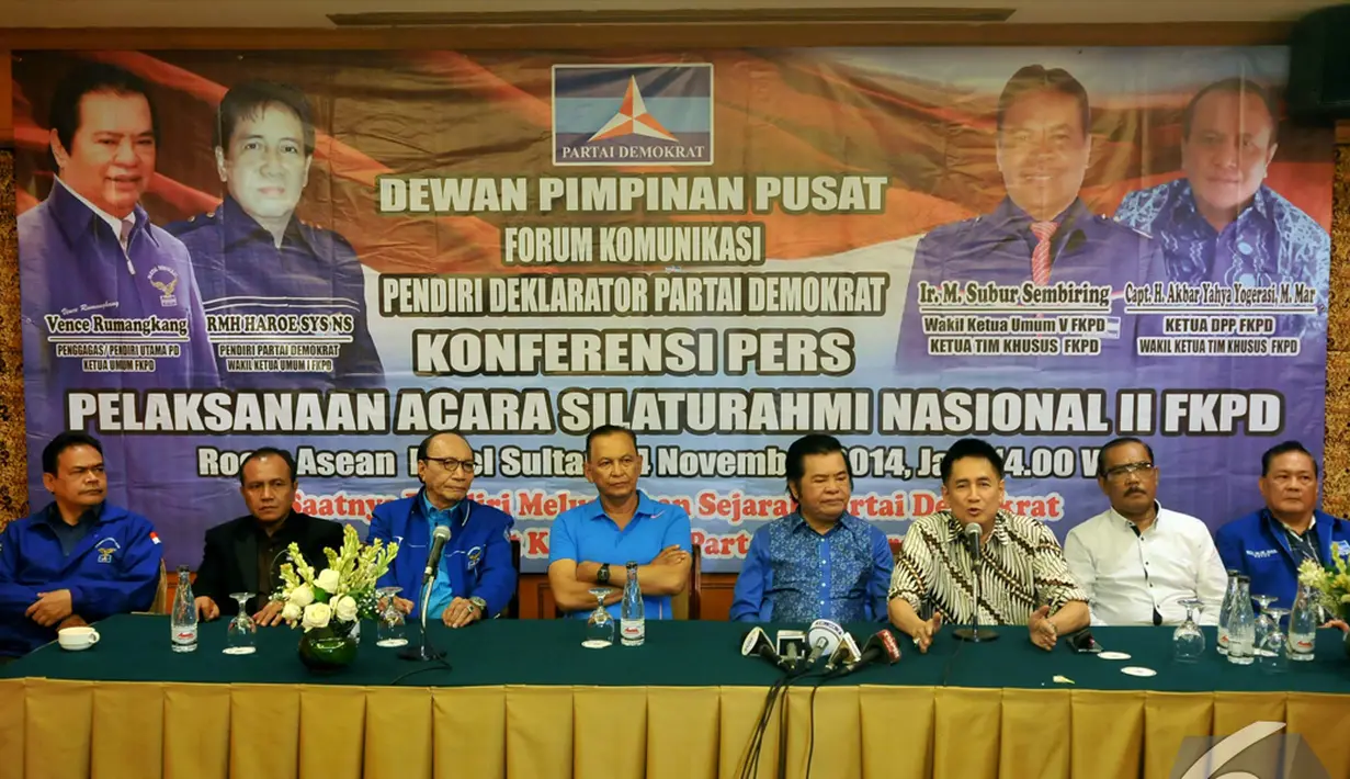 Para pendiri Partai Demokrat yang tergabung dalam Forum Komunikasi Pendiri dan Deklarator Partai Demokrat (FKPD) akan menggelar acara Silatnas II FKPD di Jakarta pada 23-25 Januari 2015, Jakarta, Senin (24/11/2014). (Liputan6.com/Johan Tallo)