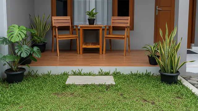 Desain Teras Sederhana Area Hijau untuk Rumah Dengan Material Kayu dan Tanaman Pot