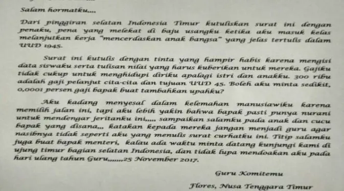 Surat guru untuk Jokowi. (Liputan6.com/Olda Keda)