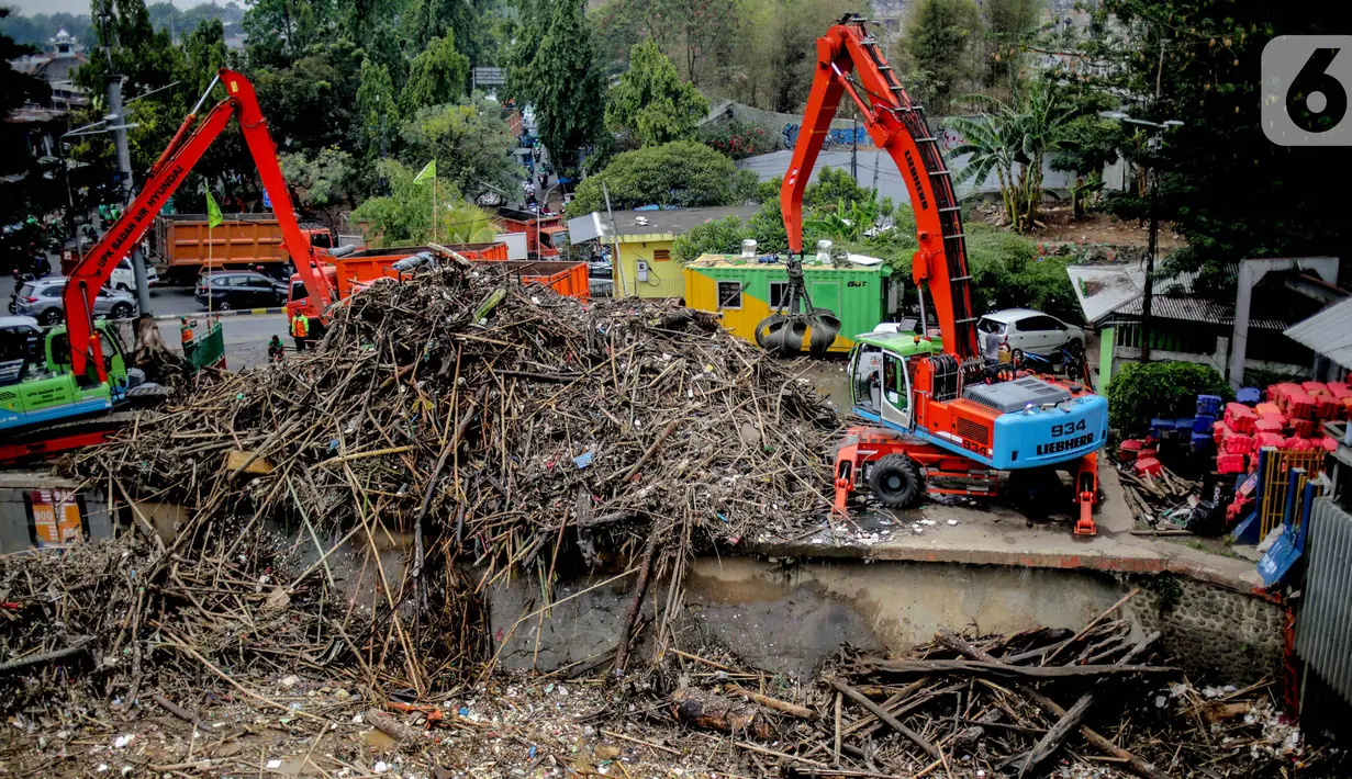 Petugas dibantu alat berat membersihkan sampah kayu dan bambu yang tersangkut di Pintu Air Manggarai, Jakarta, Rabu (9/10/2019). Sekitar 80 ton sampah diangkut menggunakan alat berat. (Liputan6.com/Faizal Fanani)
