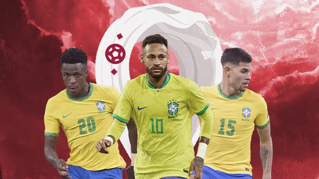 Ilustrasi - Bruno Guimaraes, Neymar, Vinicius Nuansa Piala Dunia