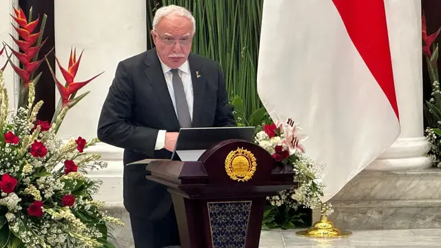 Utusan Khusus Presiden Palestina Riyad Al Maliki dalam acara peresmian pemugaran Gedung Pancasila, Jakarta, Senin (19/8/2024). (Liputan6/Benedikta Miranti)