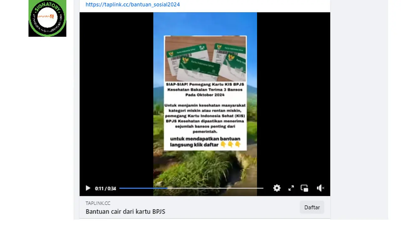 Tangkapan layar klaim link pendaftaran bantuan Rp 600 ribu sampai 2 Juta dari KIS BPJS Kesehatan