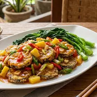 Resep Terong Krispi Saus Asam Manis Nanas. (AI Generated)