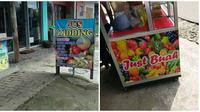 Tulisan di Spanduk Jualan Jus Nyeleneh. (Sumber: Twitter/@xalphacentaurix/@nocontextwarung)
