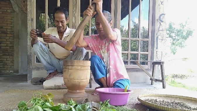 Nyang Nok dan suaminya, Usman saat meracik ramuan trasional dari tumbuh-tumbuhan di Desa Jambi Kecil, Kabupaten Muaro Jambi. (Liputan6.com / Gresi Plasmanto)