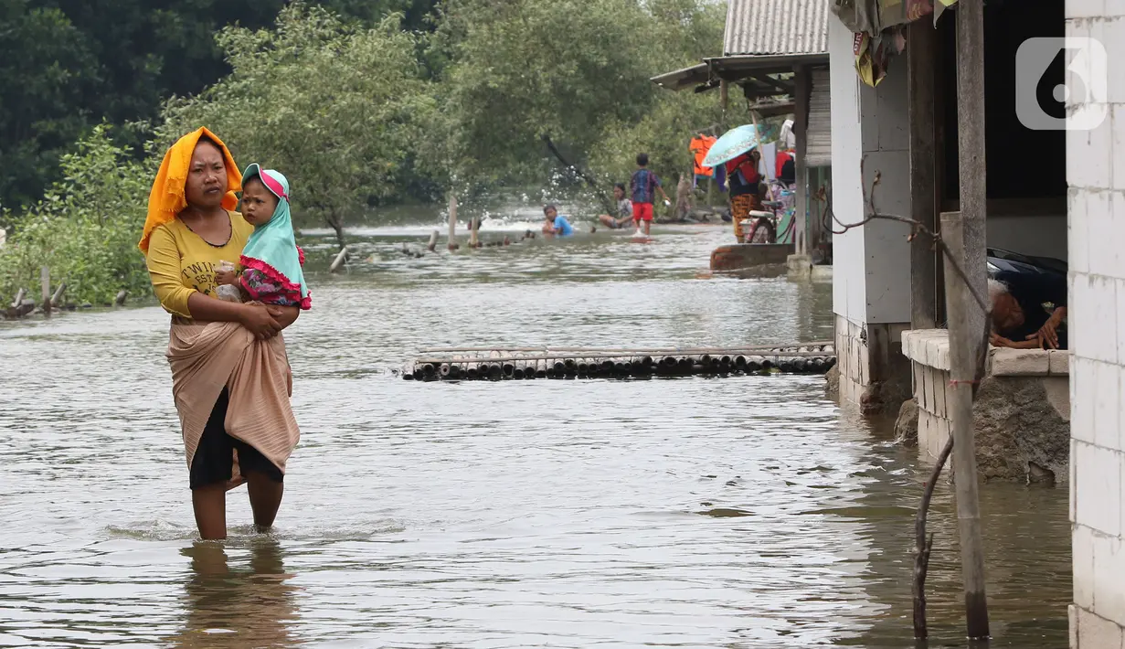 Seorang ibu menggendong anaknya sambil menerobos banjir rob yang menggenangi rumah dan tambak warga di Desa Pantai Mekar, Muaragembong, Bekasi, Senin (6/12/2021). Banjir rob telah menggenangi wilayah tersebut selama empat hari akibat kenaikan permukaan air laut. (Liputan6.com/Herman Zakharia)