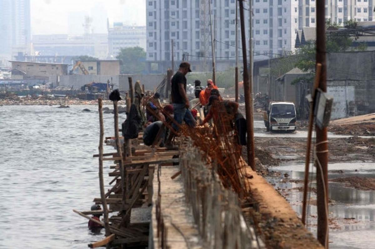Memantau perkembangan proyek tanggul di Pantai Muara Baru