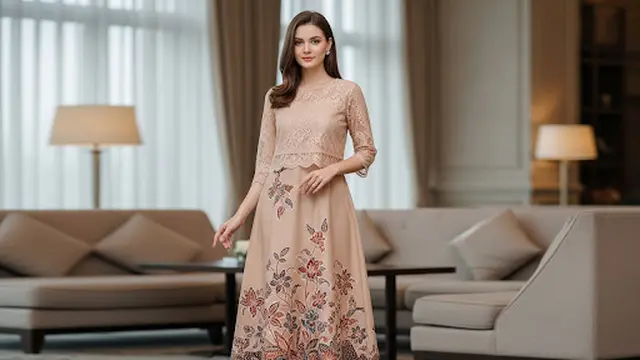 Midi Dress Batik A-Line dengan Brokat Transparan