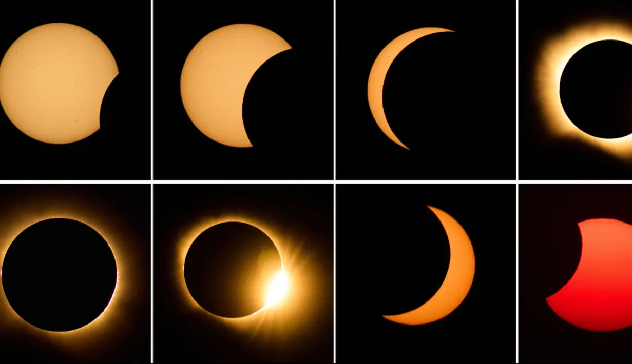 Foto gabungan ini memperlihatkan urutan saat bulan menutupi matahari dalam gerhana matahari total yang terlihat dari Berlanga de Duero, Spanyol tengah, pada hari Rabu, 12 Agustus 2026. (Foto AP/Bernat Armangue)