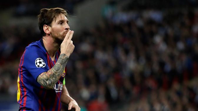 Mesin gol Barcelona, Lionel Messi pimpin daftar pencetak gol terbanyak Liga Champions. (AP Photo/Kirsty Wigglesworth)