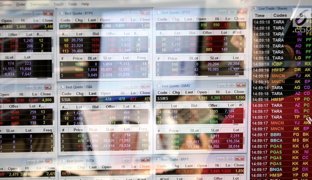 Pekerja mengamati pergerakan Indeks Harga Saham Gabungan (IHSG) di salah satu perusahaan Sekuritas, Jakarta, Rabu (14/11).  Indeks Harga Saham Gabungan (IHSG) berhasil bertahan di zona hijau pada penutupan perdagangan hari ini. (Liputan6.com/Angga Yuniar)