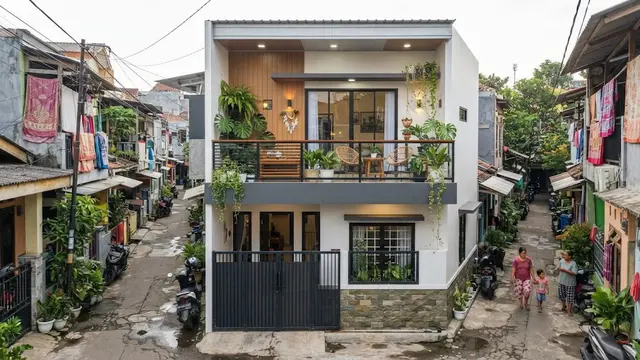 Desain rumah 2 lantai di gang sempit tanpa halaman depan yang bisa jadi resolusi hunian minimalis elegan di 2027 model dengan balkon lantai atas