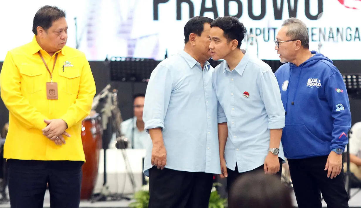 Dalam kesempatan tersebut, turut hadir juga seluruh ketua umum Koalisi Indonesia Maju (KIM). Tidak terkecuali Ketua Umum PSI Kaesang Pangarep. (Liputan6.com/Herman Zakharia)