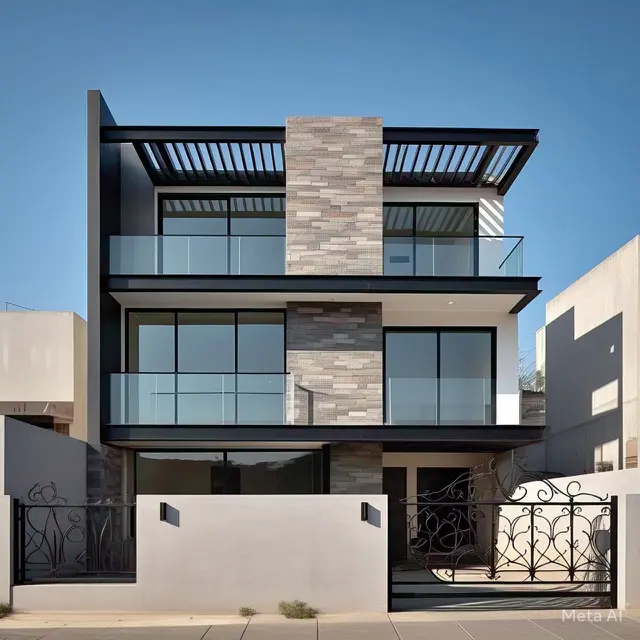 Desain Rumah Lantai 2 dengan Rooftop dan Pagar Besi
