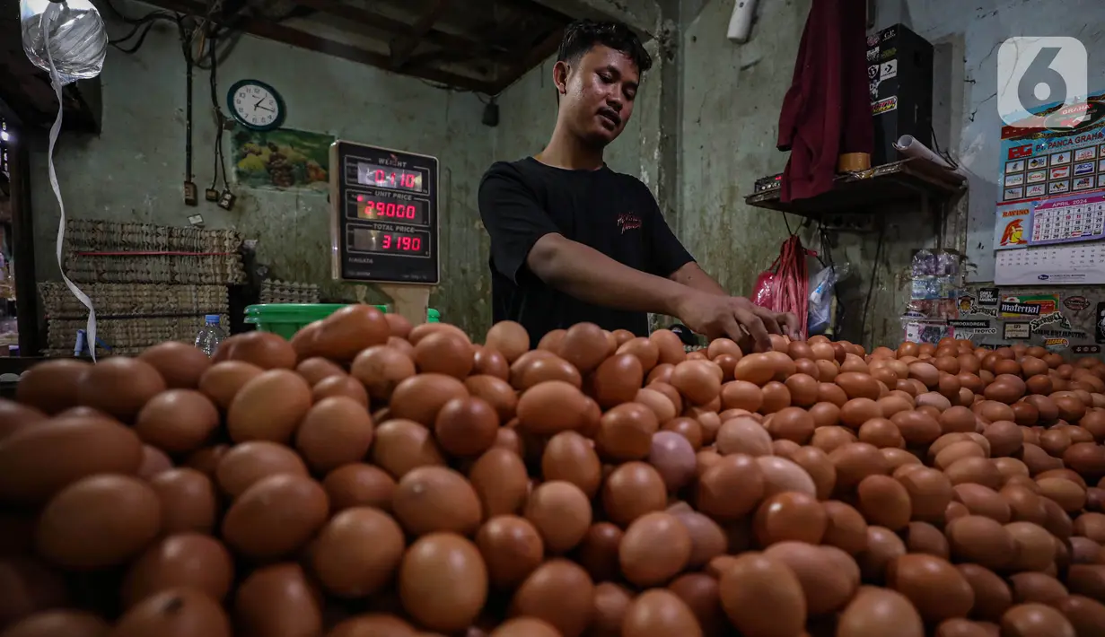 Berdasarkan laman Panel Harga Badan Pangan Nasional, Minggu (9/6/2024), harga telur ayam di tingkat pengecer rata-rata dijual Rp29.690 per Kg. (Liputan6.com/Angga Yuniar)