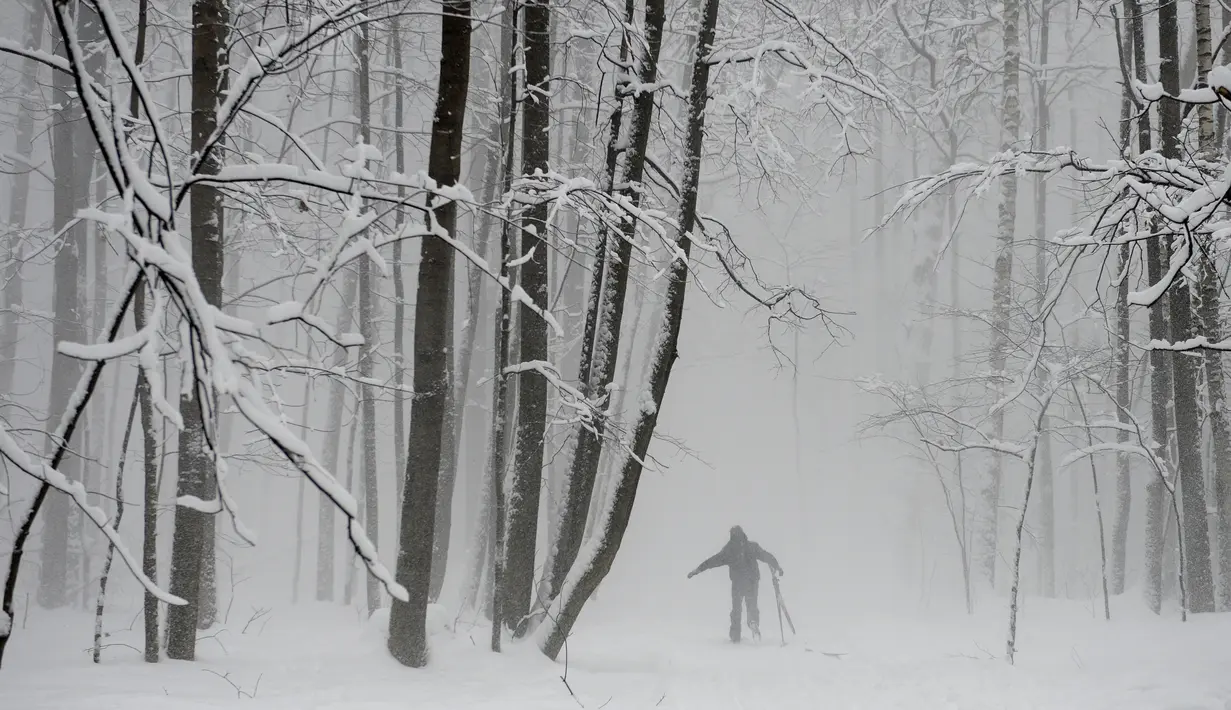 Pemain ski berjalan dengan latar belakang salju yang menyelimuti Taman Timiryazevsky di Moskow, Rusia, 31 Januari 2018. Berbagai sudut jalan, pepohonan, dan mobil yang terselimuti salju membuat Moskow tampak anggun. (AFP PHOTO/Konstantin CHALABOV)
