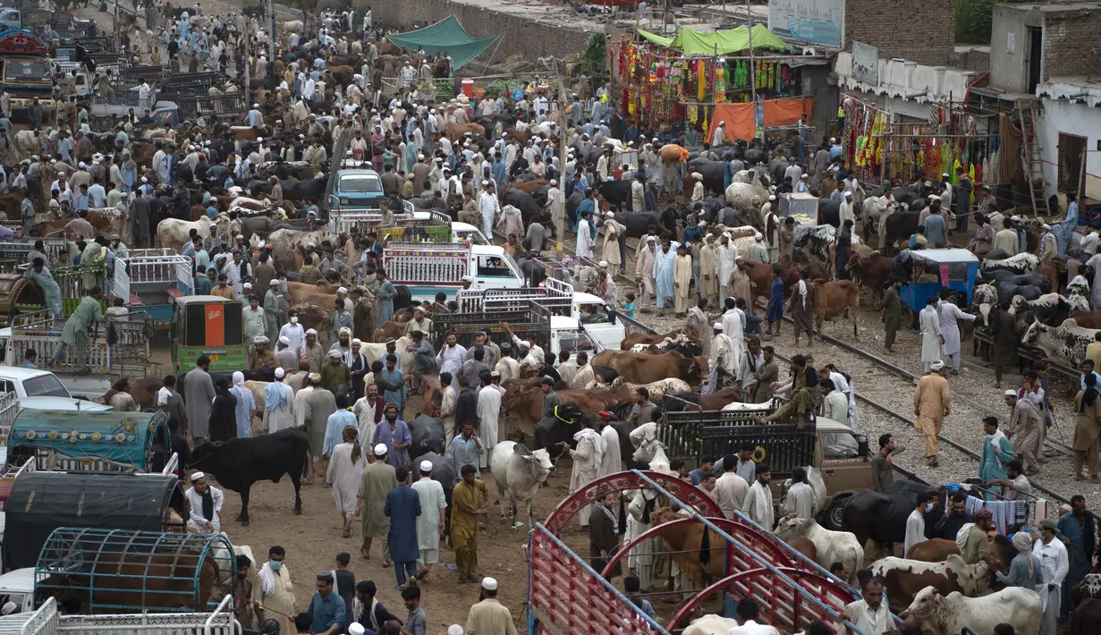 Orang-orang berkerumun di pasar ternak menjelang festival Muslim Idul Adha di Peshawar, Pakistan (13/7/2021). Jelang Idul Adha, Pasar ternak di Peshawar, Pakistan mulai sibuk menjual hewan kurban. (AFP/Abdul Majeed)