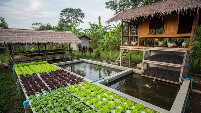 Ide Kebun Mini Kombinasi Hidroponik, Kandang Ayam, dan Kolam Lele