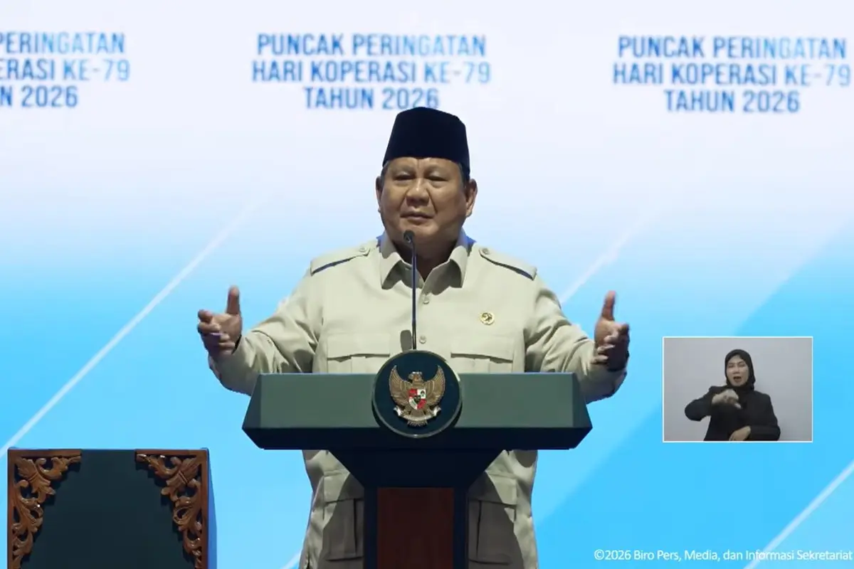 Presiden Prabowo Subianto di acara Puncak Perayaan Hari Koperasi Nasional Ke-79 Tahun 2026 di Indonesia Arena, Gelora Bung Karno, Jakarta, Minggu (12/7/2026).