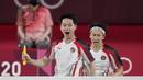 Pasangan ganda putra Indonesia, Marcus Gideon dan Kevin Sanjaya berhasil memenangkan pertandingan kedua mereka ketika menghadapi pasangan India, Rankireddy Satwiksairaj dan Shetty Chirag. The Minions mampu memenangkan dua gim langsung. (Foto: AP/Markus Schreiber)